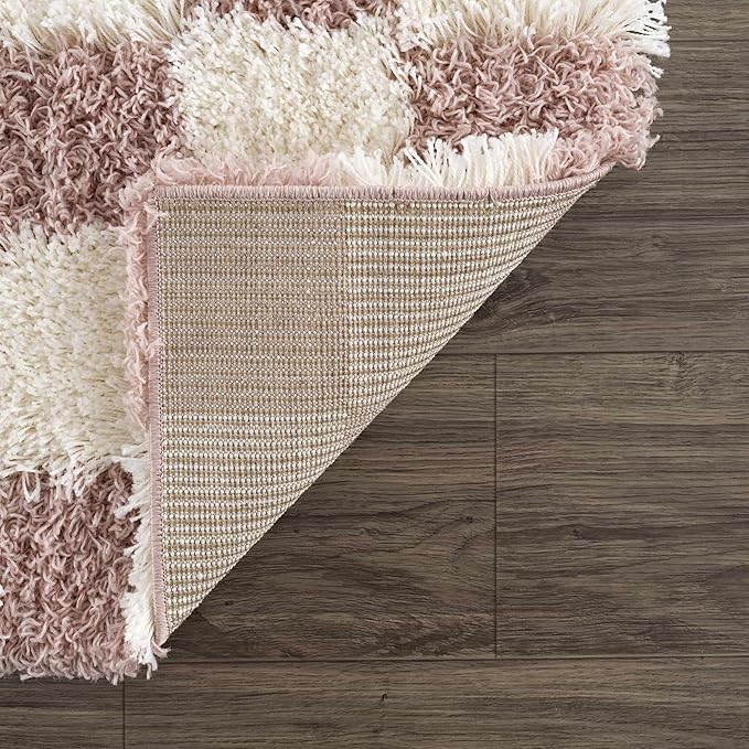Hauteloom Atira Checkered Shag Runner Rug - Checkboard Design - High Pile Fluffy Shaggy Touch - Square Tiles - Kids Room, Hallway, Bedroom Shaggy Carpet - Pink, Cream, White - 2'7" x 7'3"