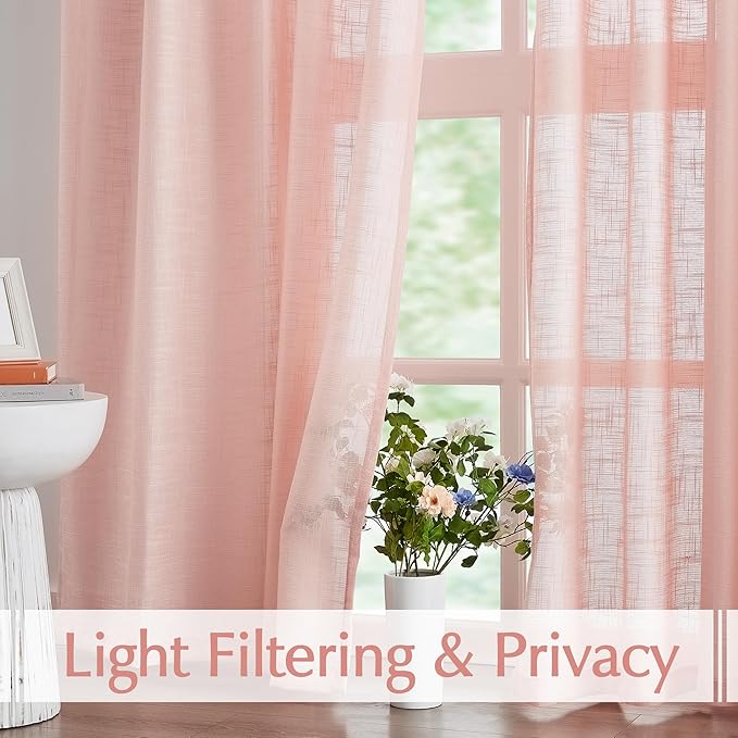 FMFUNCTEX Linen Semi Sheer Curtains for Living Room, Blush Pink Curtains 108 Inches Long for Bedroom, Farmhouse Sheer Extra Long Drapes, Light Filtering Windows Curtain Panels, Grommet Top 2 Panels