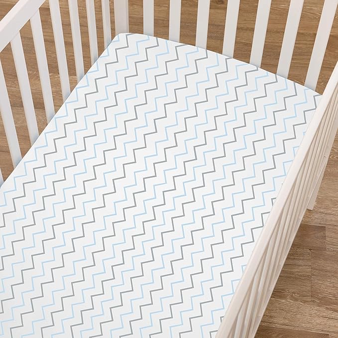 American Baby Company 2 Pack 100% Natural Cotton Fitted Mini Crib Sheets 38" x 24" - Soft & Breathable Small Nesting Portable Sheets, Fits Pack N Play Mattresses, Blue Star/Zigzag, for Boys & Girls