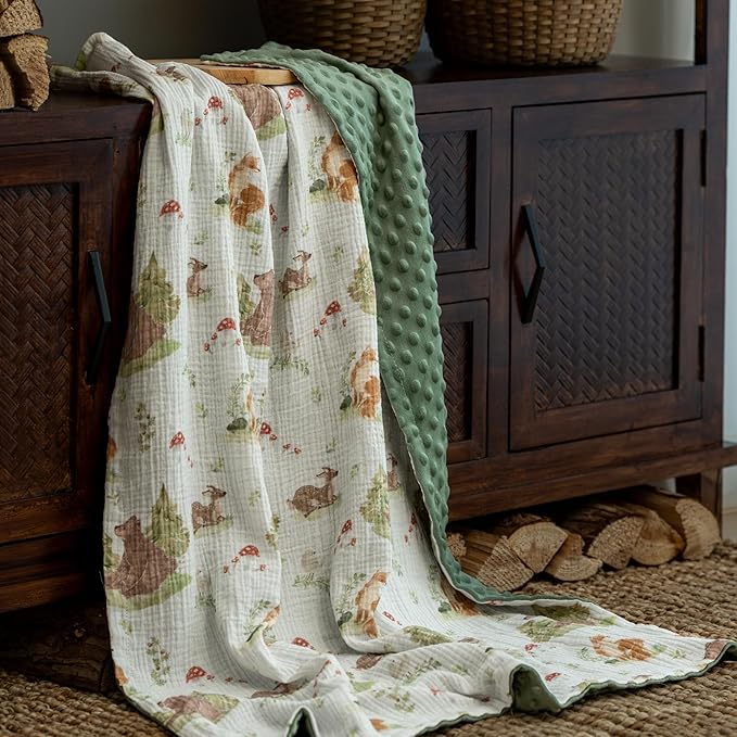 GLLQUEN BABY Blankets for Unisex Newborn Super Soft Nursery Minky Blankets with Muslin Cotton Front and Dotted Fleece Backing, Forest Stories, 30 x 40 inches