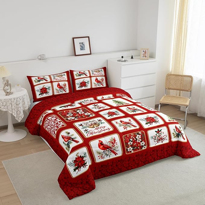Castle Fairy Merry Christmas Full Size Comforter Set,Red Patchwork Xmas Themed Plaid Bedding Comforters Bedroom Collection,Cardinals Berries Bells Floral Pine Bedding Set for Girls Teens