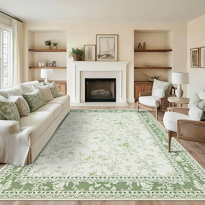 Sage Green Floral 5x7 Area Rug Vintage Boho Washable Printed Rug for Living Room Non-Slip Soft Bedroom Cottagecore Farmhouse Carpet for Dining Room Nursery Light Green and Cream Beige Sketch Style
