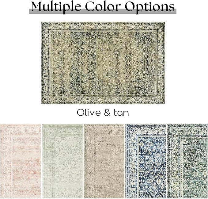 Large Boho Area Rugs 8x10 for Living Room,Low Pile Stain Resistant Neutral Vintage Faux Wool Machine Washable Rugs Carpet for Bedroom Dining Room,Olive Green and Cream
