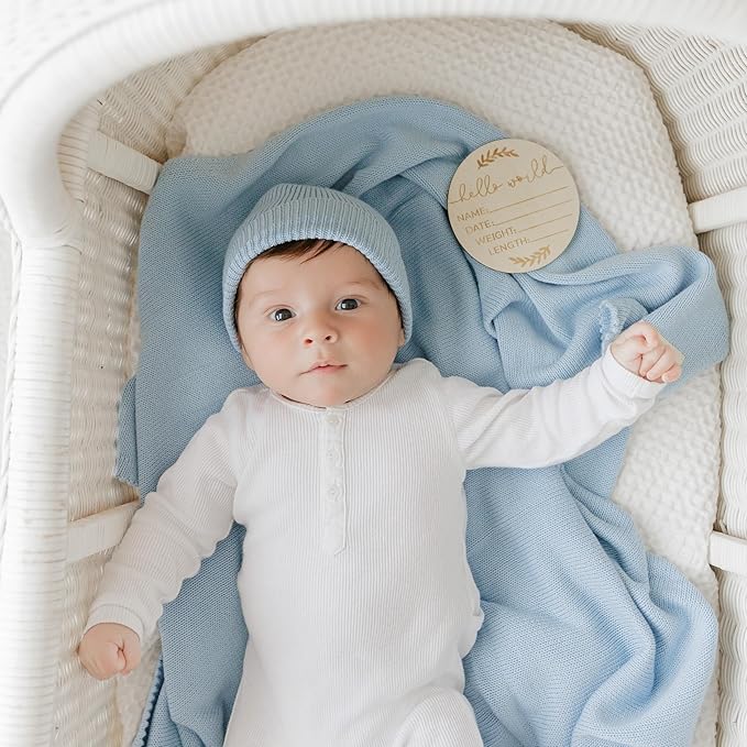 Luxe Collection 100% Organic Luxury Knit Baby Blanket + Hat Gift Set (Sky Blue)