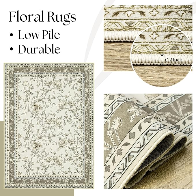 Beige Tan Neutral Boho Washable 3x8 Extra Long Hallway Runner Rug, Extra Large Kitchen Floor Rug Indoor Entryway Non-Slip Low Pile Machine Washable, Farmhouse Light Taupe Pattern Floral Design
