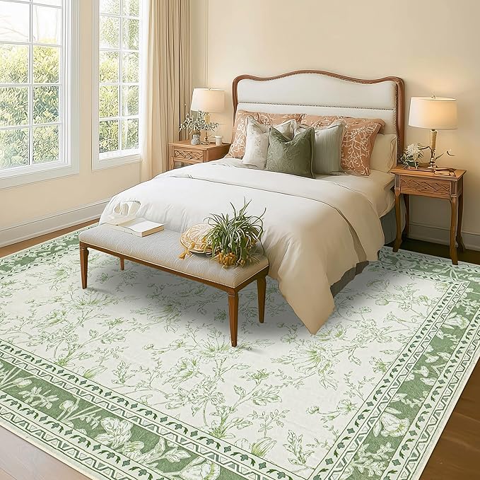 Green Area Rugs 6x9 Living Room Washable Boho Vintage Sketch Floral Sage Cream Beige Rugs for Bedroom Non Slip Soft Carpet for Dining Room Kids Girls Nursery, Lounge Peony Lily Pattern Floral Rug