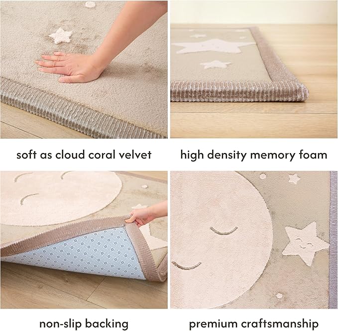 Premium Baby Playmat for Floor 80" x 110" moon&stars – Cloudsoft Coral Velvet Memory Foam Rug for Crawling – Non-Slip, Water-Resistant, Non-Toxic, Easy-Care Muscle Mat – Thick Play Mat for Baby