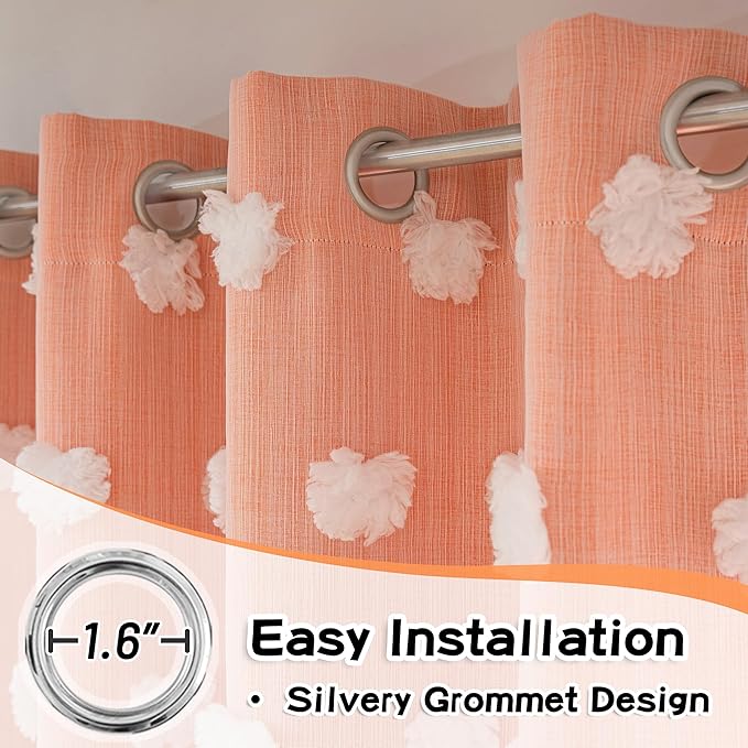 MYSKY HOME Orange Curtains 90 Inch Long for Living Room Nursery Curtains for Bedroom Double Layer Curtains White Pom Pom Sheer Curtains for Dining Room Grommet Room Darkening Window Panels 52" x 90"