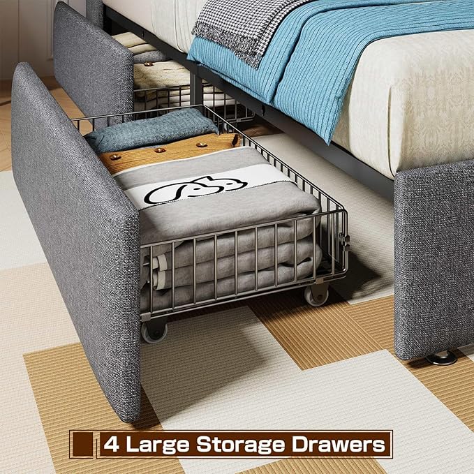 LED Full Size Bed Frame with 4 Storage Drawers, Upholstered Full Bed Frame with 2-Tier Headboard and Charging Station, No Box Spring Needed, Easy to Assembly - Light Grey