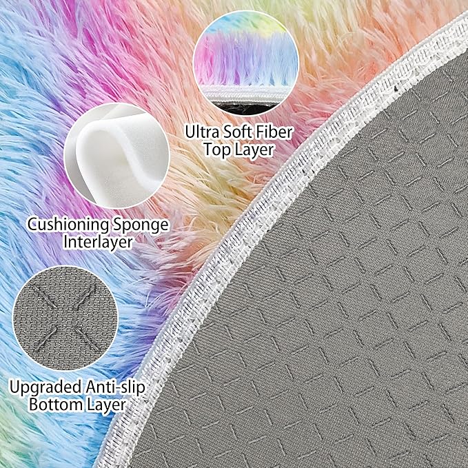 Rainbow Fluffy Round Area Rugs 3Ft Kids Rugs for Girls Bedroom, Soft Unicorn Rug Small Round Carpet Plush Shaggy Circle Rug Pink for Girls Room Nursery Baby Playroom Unicorn Home Decor