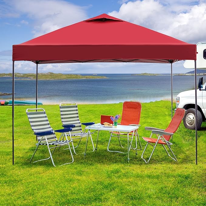 GDY 10x10 Pop Up Canopy Tent, Easy Set up Outdoor Silver Coated Beach Gazebos, Carpas for Pool, Events, Parties, and Camping, Red