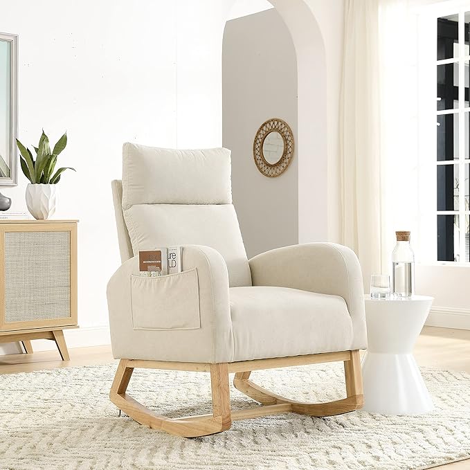 Dolonm Nursery Rocking Chair for Living Room, Upholstered Mid-Century Modern Nursery Rocking Armchair Tall Back Accent Glider Rocker, Beige