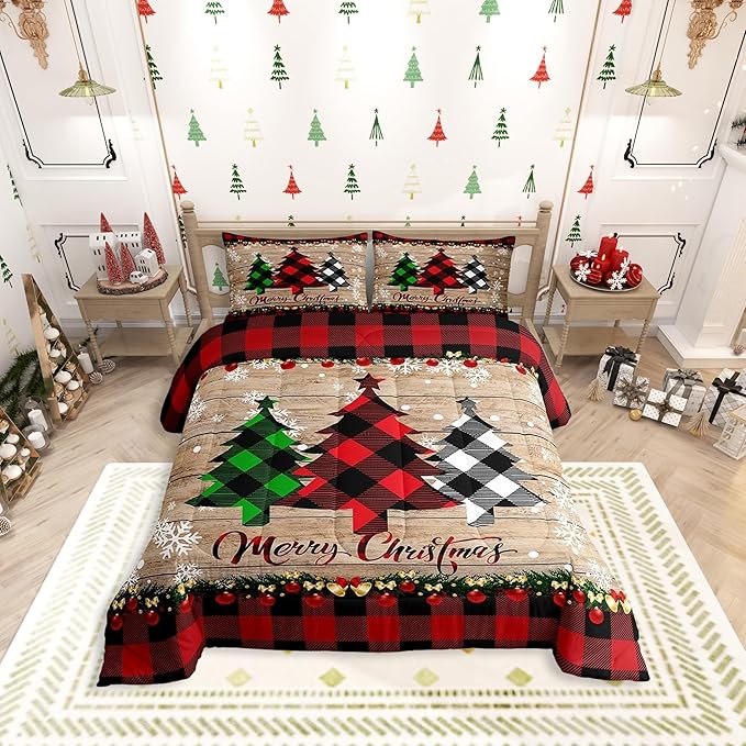 Manfei Plaid Tree Comforter Set King Size, Wooden Stripe Print Bedding Set 3pcs for Kids Boys Girls Bedroom Decor, Christmas Theme New Year Quilt Set with 2 Pillowcases