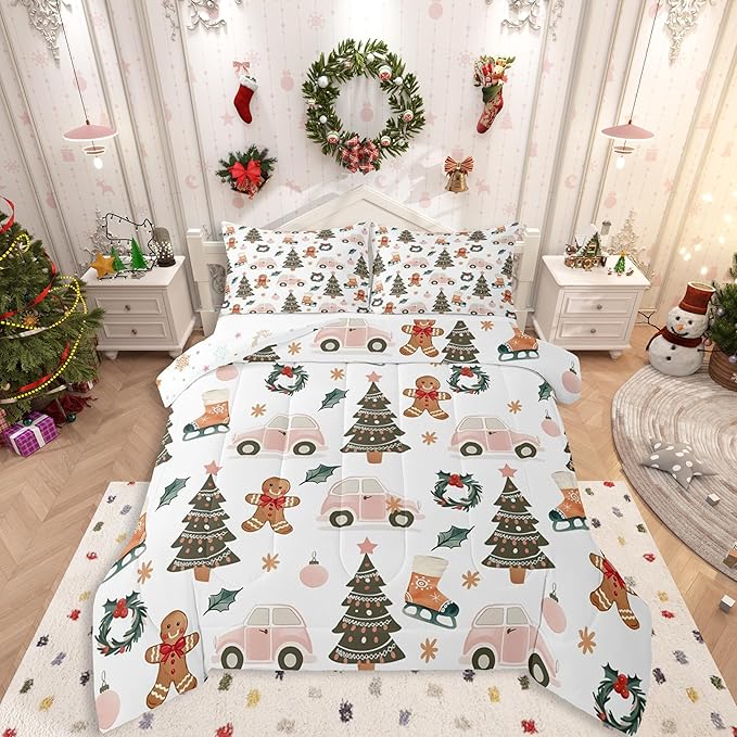 Feelyou Xmas Tree Car Comforter Set All Season Gingerbread Man Bedding Set with 1 Pillow Cases Garland Microfiber Kids Toddler Bedclothes Bedroom Decor Duvet Quilt Breathable Soft