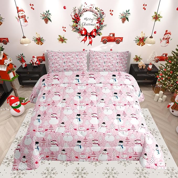 Cartoon Pink Dreamy Boys Girls Comforter Set Full Size,Snowman Christmas Tree Duvet Set Teens Bedroom Decor,Merry Christmas Microfiber Soft Bedding