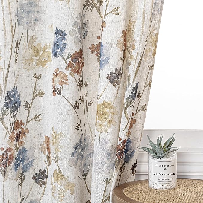 MYSKY HOME Floor to Ceiling Linen Floral Curtains 95 Inch Length 2 Panels Set Semi Sheer Light Filtering Farmhouse Flower Print Patterned Window Grommet Curtains for Living/Dining Room, Yellow, 2 Pcs