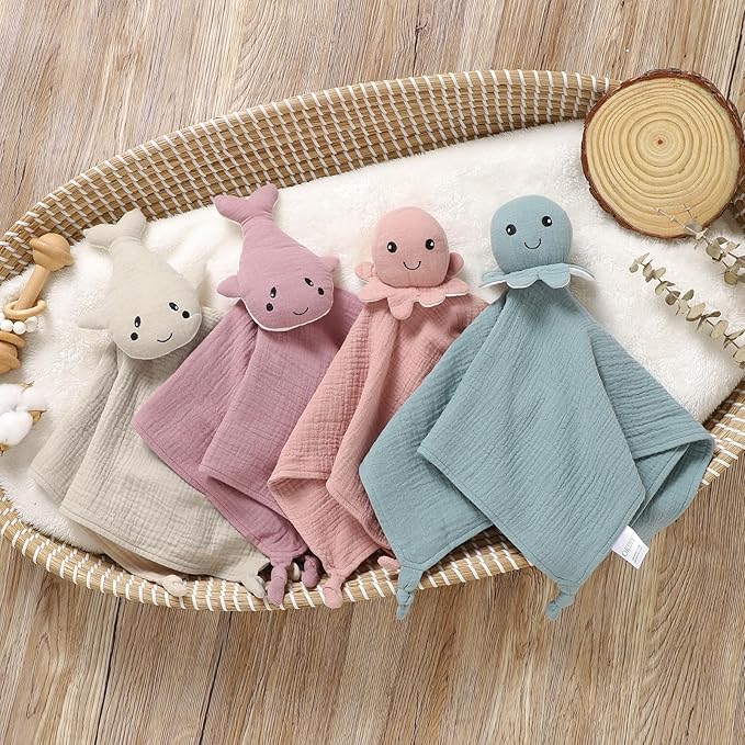 Organic Cotton Muslin Loveys for Babies,Security Blankets for Baby Lovey,Unisex Baby Essentials Neutral,Baby Registry Search,Newborn Baby Gifts for Boys and Girls (Whale Violet)