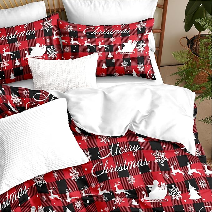 Christmas Duvet Cover Twin Size Red Black Gingham Bedding Set 2 Pieces Kids Boys Girls Christmas Deer Pattern Soft Warm Comforter Cover with Zipper Closure and 1 Pillowcase (No Comforter)