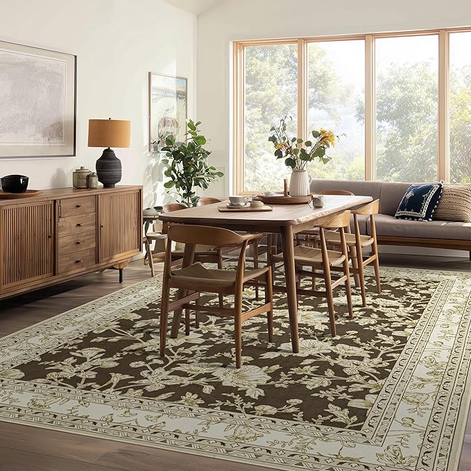 Brown Floral Print Area Rugs for Bedroom Living Room Boho Farmhouse Country Rustic Dining Room Carpet Soft Washable Rugs Non Slip Floor Covering for Nursery Playroom 10x14