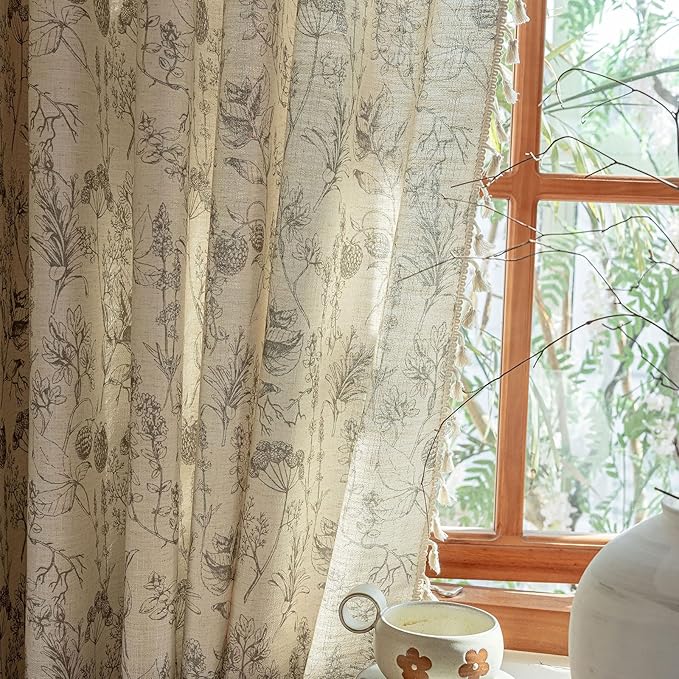 ENJOYBRIDAL Floral Curtains 84 Inch Long Vintage 2 Panels Drapes Rod Pocket Semi Sheer Rustic Bedroom Window Curtain Panels Boho Tassel Living Room Farmhouse Botanical Window Treatments