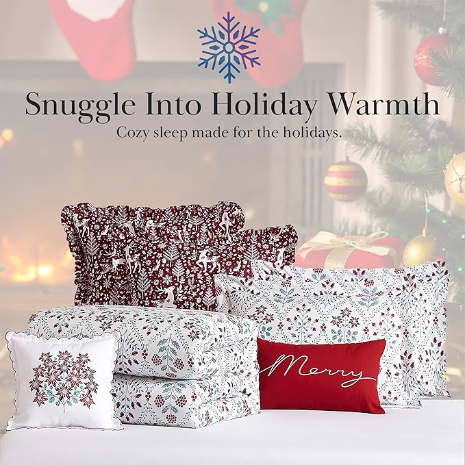 Southshore Fine Living, Inc. 5-Piece Reversible Christmas Comforter Set Twin/Extra Long, Twin Christmas Bedding, Red & White Holiday Bedding, 2 Throw Pillows, 2 Shams - Holiday Harmony