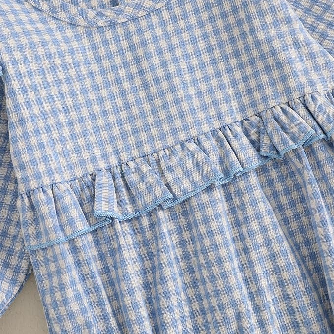 Karuedoo Newborn Baby Girl Clothes Gingham Plaid Bubble Romper Long Sleeve Ruffle Bodysuit with Headband Spring Fall Outfit