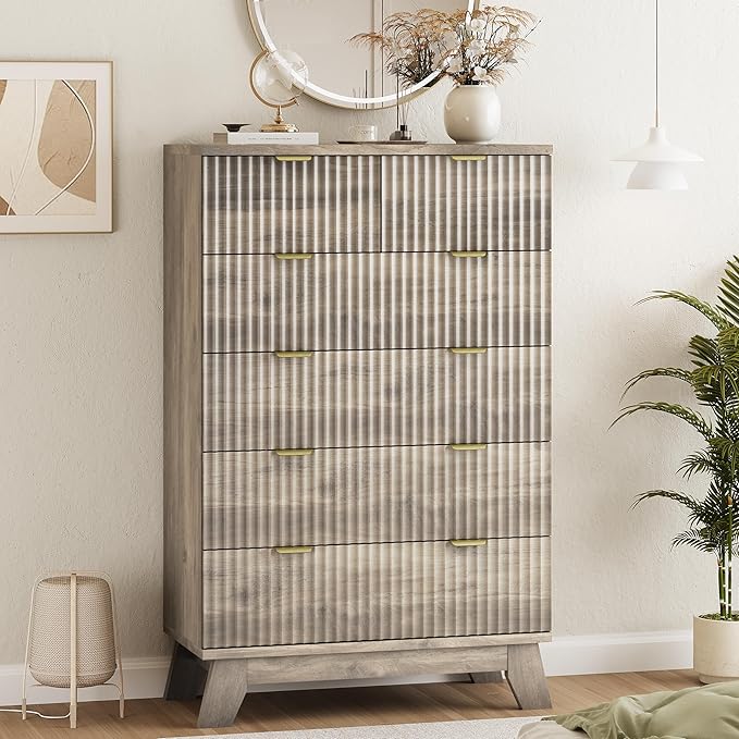 Fluted Dresser for Bedroom with 6 Drawers, 46" Tall Modern Chest of Drawers with Metal Handle, Wooden Dresser TV Stand, Wood Closet Clothes Storage Organizer for Living Room, Hallway, Grey