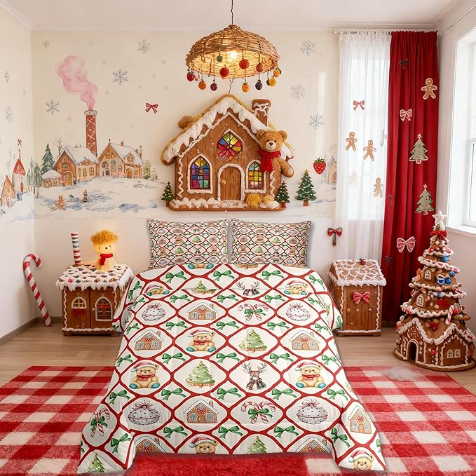 Merry Christmas Comforter Set Full Size,Kawaii Bowknot Cartoon Xmas Bear Kids Bedding Set,Pine Tree Geometric Lattice Quilt Comforter,Beige Red Green Duvet Insert,2 Pillowcases