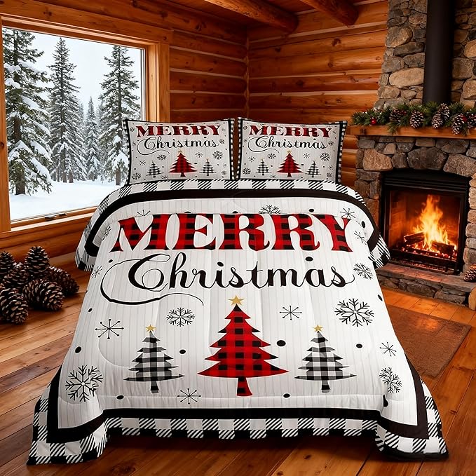 Merry Christmas New Year Kids Comforter Set Queen Size,Snowflake Pine Trees Bedding,Girls Boys Adults Bedroom/Xmas Cabin Decor,Grids Geometric Fashion Down Comforter,Rustic Duvet Insert,2 Pillowcases