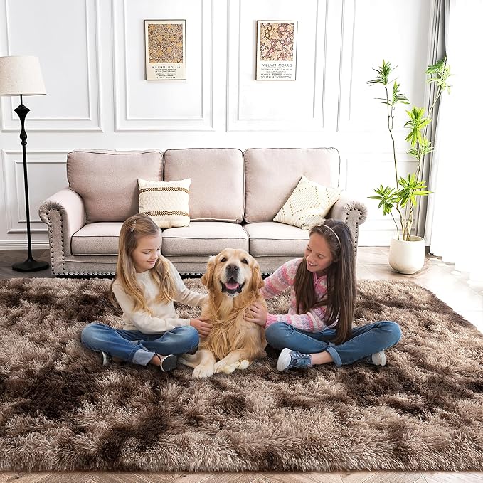 8x10 Shag Area Rug - Fluffy Fuzzy Nursery Kids Girls Room Rug - Soft Plush Furry Bedside Carpet- Tie-Dyed Brown