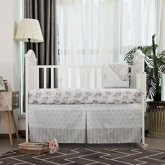 La Premura Baby Crib Bedding Set for Boys, Gray Elephants & Puppy 3 Piece Standard Size Grey Crib Set, Fitted Sheet, Quilt & Skirt, Unisex Nursey Bedding and Neutral Decor