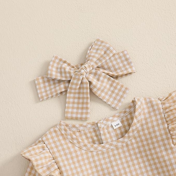 Karuedoo Newborn Baby Girl Clothes Gingham Plaid Bubble Romper Long Sleeve Ruffle Bodysuit with Headband Spring Fall Outfit