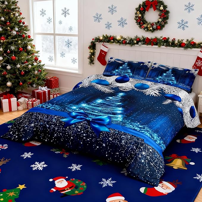 Merry Christmas Kids Comforter Set Queen Size,Snowflake Christmas Tree Bowknot Bedding Set,Girls Boys Adults Xmas Decor,Blue Gradient Line Glitter Down Comforter,Romantic Duvet Insert,2 Pillowcases