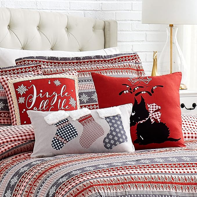 Southshore Fine Living, Inc. Christmas Comforter Set, Twin Size Holiday Bedding Set 5-Piece Cute & Cozy Comforter w/Throw Pillows & Shams, Twin/Twin XL Reversible Red Checkered Over Snowflake Print