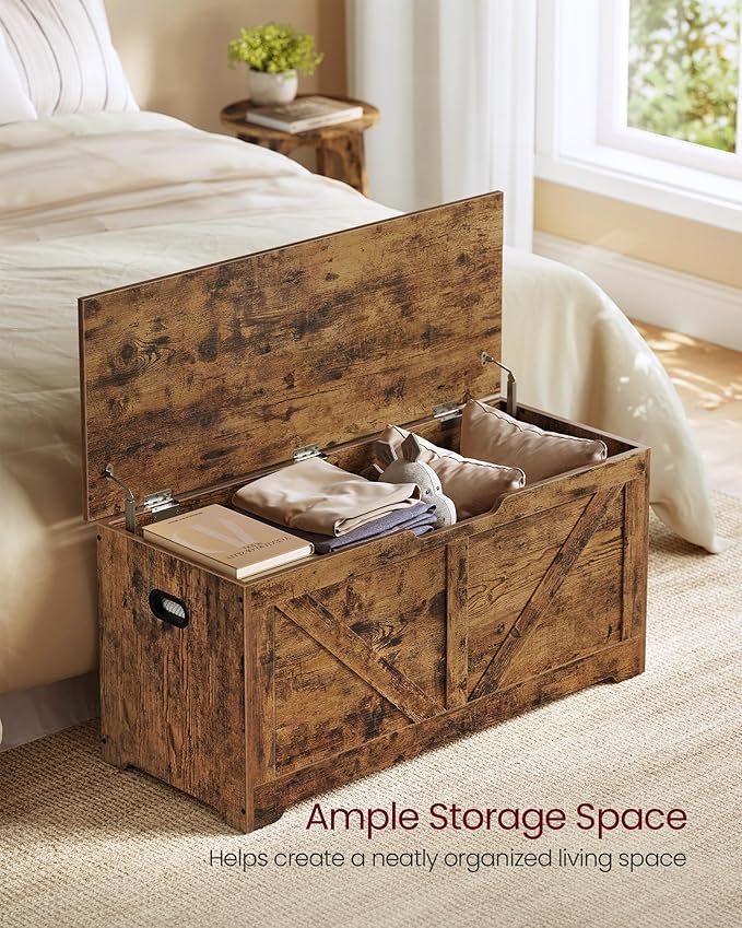 VASAGLE Storage Chest, Storage Trunk with 2 Safety Hinges, Storage Bench, Shoe Bench, Farmhouse Style, 15.7 x 39.4 x 18.1 Inches, for Entryway, Bedroom, Living Room, Rustic Brown ULSB060T01
