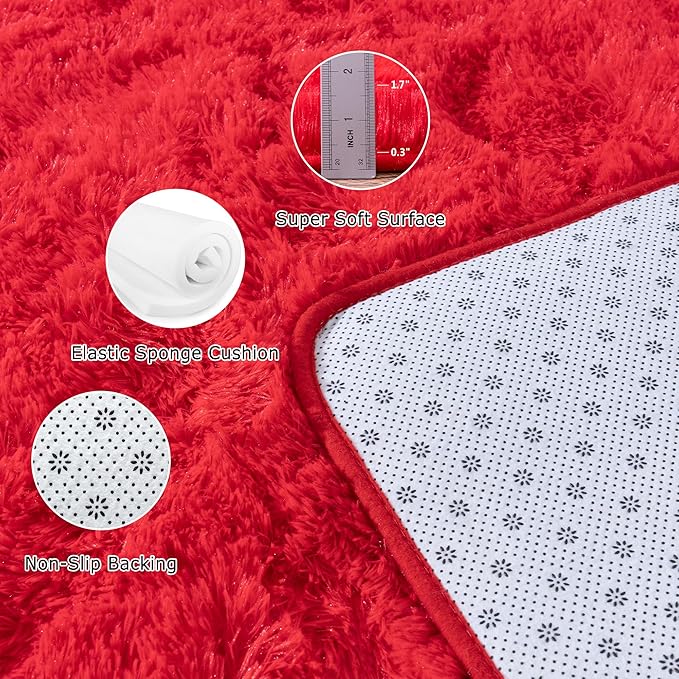 2x6 Fluffy Area Rug - Soft Shag Runner Rug for Bedroom - Non Slip Runner Living Room Rug Plush Carpet Runner Red