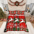 Manfei Christmas Duvet Cover Set Queen Size, White Deer and Snowflake Print Comforter Cover with 2 Pillowcases, Red Plaid Print Bedding Set 3pcs for Kids Boys Girls Bedroom Decor,No Comforter
