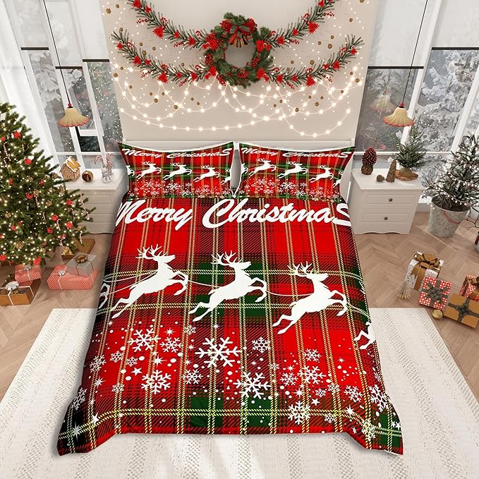 Manfei Christmas Duvet Cover Set Queen Size, White Deer and Snowflake Print Comforter Cover with 2 Pillowcases, Red Plaid Print Bedding Set 3pcs for Kids Boys Girls Bedroom Decor,No Comforter