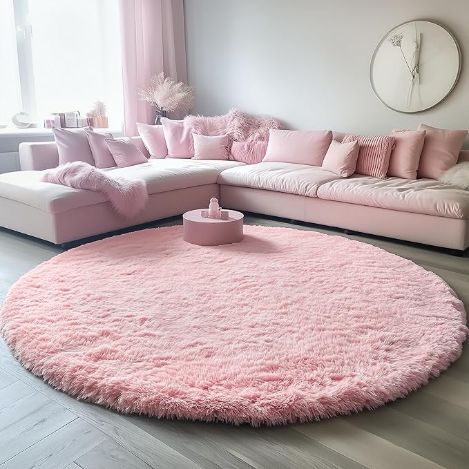 ONASAR Light Pink Round Area Rugs 5ft for Bedroom Living Room, Washable Fluffy Circle Rug for Kids Girls Boys Teen, Soft Plush Shaggy Carpet for Nursery Dorm Classroom Playroom Home Decor Aesthetic