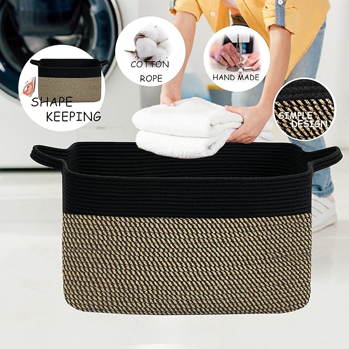 COMFY-HOMI Large Rectangular Blanket, Cotton Rope Woven for Storage, LaundryHamper, Storage,Toy Organizing Bin with Handle, Organizer and Storage-22x15x12-Black/Jute