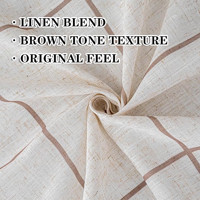 MYSKY HOME 100% Blackout Plaid Linen Curtains 45 Inches Long Double Layer Farmhouse Thermal Insulated Checkered Print Drapes with Rod Pocket Back Tab for Small Window, 2 Panels, 52" Wide, Brown
