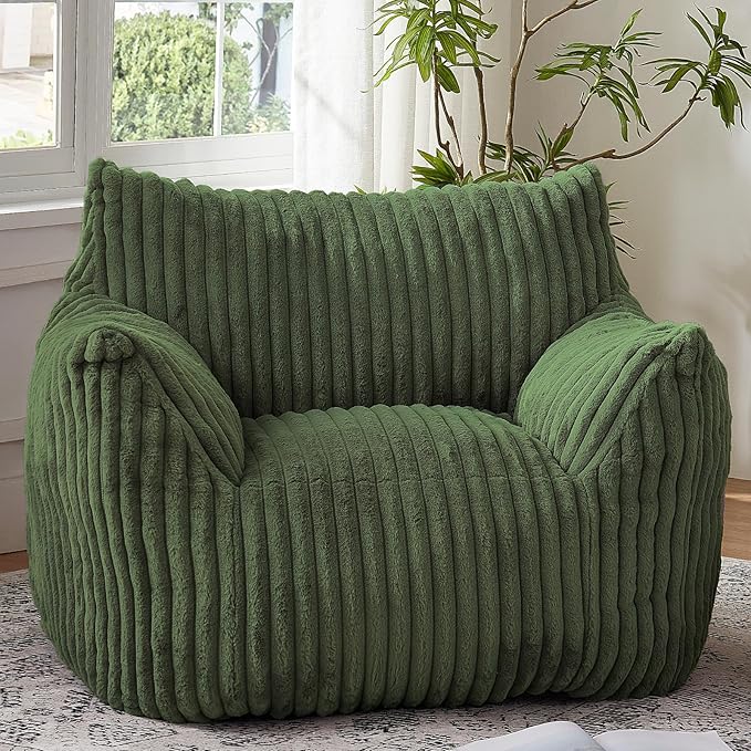 Giant Bean Bag Chairs for Adults with Filling Plush Fluffy Bean Bag Chairs for Teens with Armrests Comfy BeanBag Lazy Couch Sofa Chair for Bedroom Living Room Reading (Green, L-for Adults)