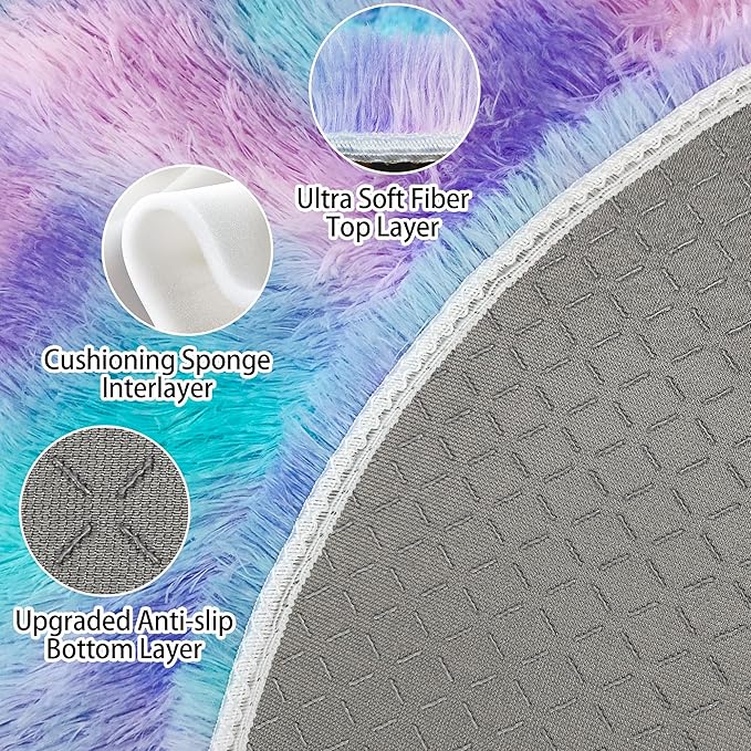 2x2 ft Small Fluffy Round Rug for Girls Bedroom,Soft Shaggy Kids Purple Rainbow Rugs Kawaii Colorful Carpet Fuzzy for Room Kids Bedroom Girls Dresser Playroom Nursery Storage Cabinet Decor