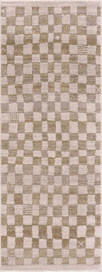 Hauteloom Pertek Modern Checkered Area Rug - Modern Geometric Carpet for Living Room, Kids Room, Nursery - Bohemian Boho Carpet - Cream, Beige, Gold - 6'7" x 9'