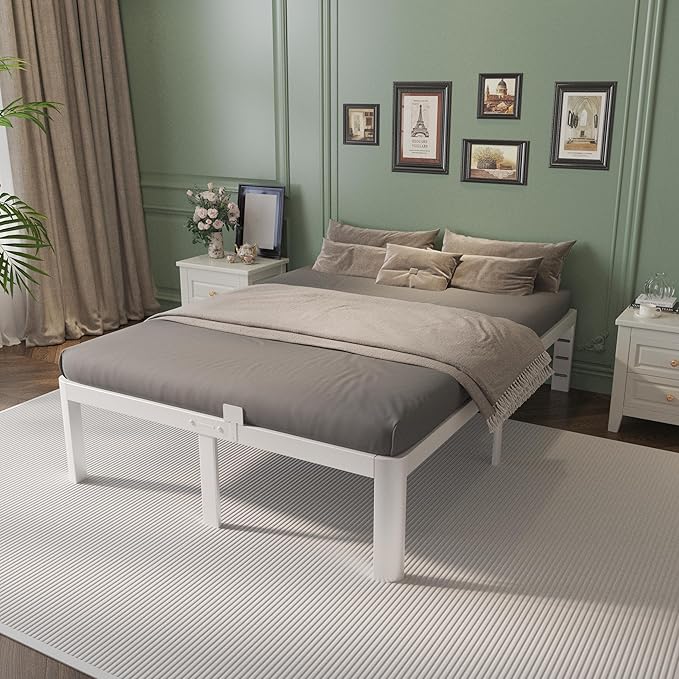 Full Size Bed Frame 14 Inch White, Metal Bed Frame Full with Gaskets, No Box Spring Needed, Heavy Duty Steel Plarform Supprt, Rounded Corner Design, Reserved Holes, Noise Free, Storage Space