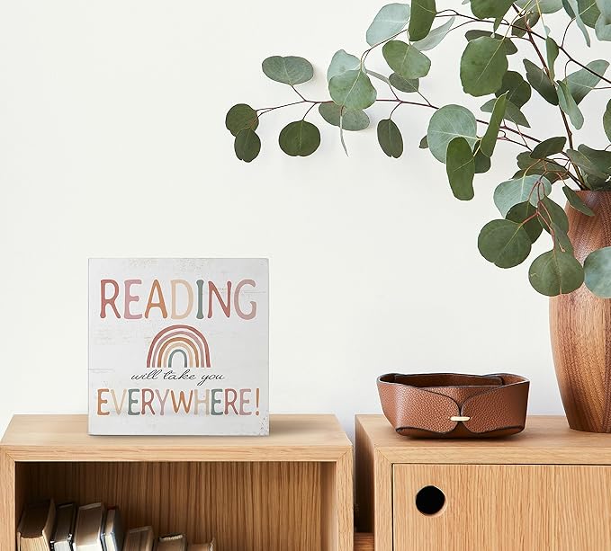Mtrgdn Reading Conner Decor for Classroom,Boho Rainbow Classroom Reading Nook Desk Decor,Reading Will Take You Everywhere Wood Box Sign for Homeschool Library Bookshelf Nursery Kids Reading Room,5x5 Inch