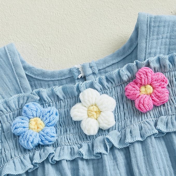 Gaono Newborn Baby Girl Smocked Bubble Romper Cute Boho Summer Clothes Ruffle Sleeveless Crochet Flower Vintage Bodysuit
