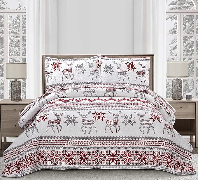 Jessy Home Christmas Quilt Set Queen Size Bedding Xmas Bedspread Coverlet Holiday Deer Snowflake Decor Soft Lightweight Bedding,Red White