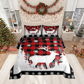Manfei Christmas Comforter Set King Size, Xmas Deer Tree Snowflake Print Bedding Set 3pcs for Kids Boys Girls Bedroom Decor, Black Red Plaid Print Quilt Set with 2 Pillowcases