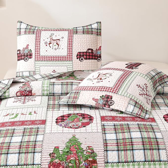 Christmas Bedding Set King Quilt Bedspread Coverlet,Plaid Patchwork Christmas Quilt Bedding Holiday Xmas Bedspread Lightweight Reversible Gnome Santa Claus Home Festival Decor
